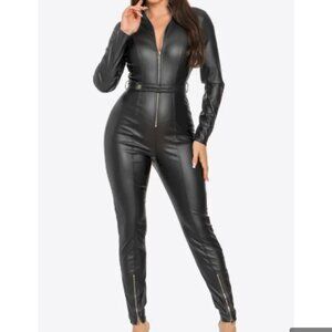 Vegan Leather Jumpsuit With Zipper Embellishment